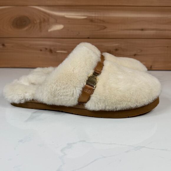 UGG Women's Scuffette II Sheepskin Slippers Cream Tan Logo Buckle Size 8 - Picture 11 of 13